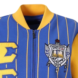 Blouson universitaire bleu roi pour femme avec manches dorées, rayures verticales, fermeture éclair intégrale, écusson brodé, style Letterman, vêtement d'extérieur pour équipe sportive - Product Image 6