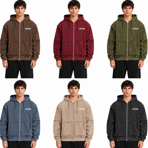 Sudadera con capucha personalizada con cremallera completa, multicolor, con costuras deshilachadas, de gran tamaño, de tejido grueso, para hombre, estilo urbano - Product Image 1