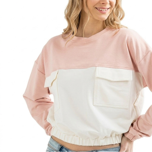 Women Color Blocked Oversized Crew Neck Sweatshirt With Pockets Long Sleeve Knitted Cotton Autumn Wear For Women - Product Image 3