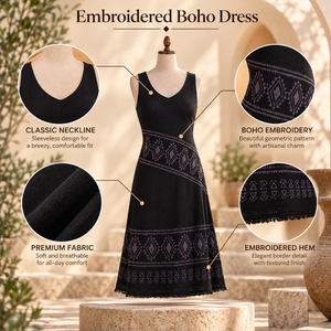 Ethnic Black <b>Sundress</b> for <b>Women</b> with Tribal Border Detailing and Sleeveless V Neck Design | Boho Inspired Flared Summer Outfit - Product Image 5