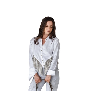 Camisa Blanca Estilo Boho, Blusa de Lino con Botones y Flecos, Chaqueta Estilo Vaquero Gitano, Top Corto Bohemio, Top Gitano, Precio de Fábrica - Product Image 3