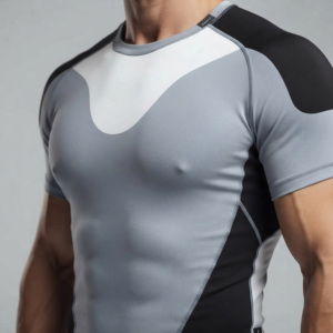 Prix d'usine – Nouveaux Rashguards personnalisés à manches courtes pour hommes, UPF50+, 180g, en polyester et élasthanne, séchage rapide, faible MOQ, marque privée, pour équipes - Product Image 5