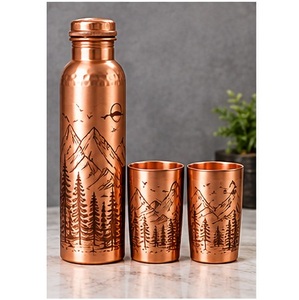 Ensemble de bouteilles d'eau en cuivre avec motif montagne, vaisselle portable pour l'extérieur, couvercles inclus - Product Image 1