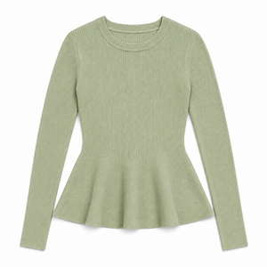 Pull côtelé à col rond en 100 % coton pour femme, manches longues, couleur unie, style décontracté, automne-hiver, OEM ODM Front - Product Image 6