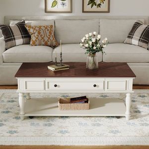 Table basse rectangulaire de style campagnard rétro, avec un tiroir, montage facile, roulettes verrouillables, empilable - Product Image 1