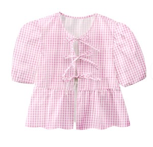 Blouses décontractées vintage pour femmes, col rond, manches longues, hauts à nouer avec nœud et volants, motif uni, tricotés, longueur midi, pour le printemps et l'été - Product Image 3