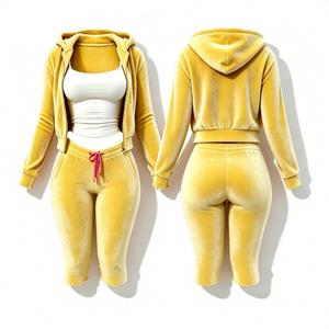 Top Quality Wholesale <b>Women</b> Yellow <b>Velour</b> Hooded Zip Up <b>Tracksuit</b> Set Long Sleeve Calf Length Pants Two Piece Outfit - Product Image 4
