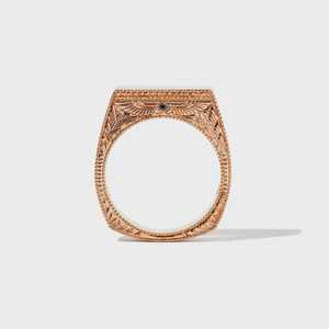 Art Deco Style Statement <b>Rings</b> 14k 18k Solid Gold Round Black Stone Engraved Personalized Minimalist Luxury Unisex Wedding Bands - Product Image 5