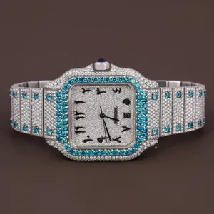 Men's Hip Hop Iced Round <b>Case</b> Quartz Movement <b>Watch</b> VVS Moissanite White Gold Band And Arabic Dial Customr White Band - Product Image 1