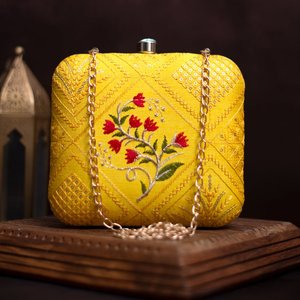 Yellow Floral Embroidered Clutch <b>Bag</b> Elegant Designer <b>Evening</b> Purse for Women Events - Product Image 1