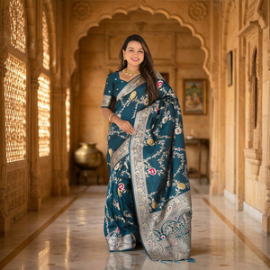 Sari de Seda Banarasi Color Verde Azulado con Tejido Zari, Diseño Meenakari, Pallu Largo, Ropa Tradicional India para Bodas - Product Image 1