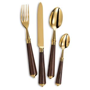 Wholesale <b>Vintage</b> Metal <b>Gold</b> Flatware Set Tableware Cutlery Set Modern Stainless Steel Cutlery With Teak Handles In Best Price - Product Image 1