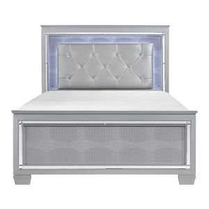 Silver Finish Queen Size <b>Bed</b> with Upholstered Button Tufted <b>LED</b> Headboard Faux Alligator Embossed Wood Panels Wooden <b>Bed</b> - Product Image 2