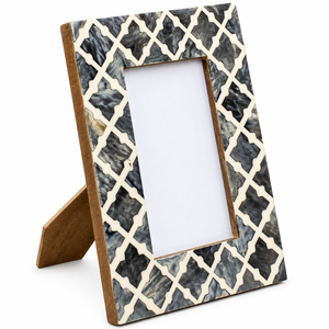Handcrafted <b>Grey</b> Quatrefoil Bone Inlay Photo <b>Frame</b> MDF Structural Base Custom Sizes Available Vertical Orientation REHMAN CRAFT - Product Image 1