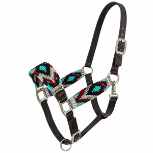 EQUIPRO Halter de cuerda de nailon y lana con patrón azteca tejido y hebillas de concho plateadas - Product Image 1