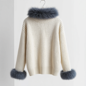 Computer Knitted Faux <b>Fur</b> Trim Women Sweater Fashion Knitwear with OEM ODM Customization - Product Image 2