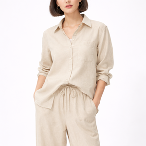 Conjunto de Camisa de Lino y Algodón Casual de Verano para Mujer, Blusa de Manga Larga con Bolsillos y Pantalón Recto de Pierna Ancha, Ropa Relajada - Product Image 1