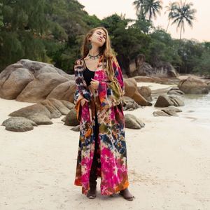 Moderno caliente relajado cuello en V profundo hecho a mano Tie Dye moda verano Resort desgaste vestido de fiesta de noche Boho playa Kaftan Kimono Bata - Product Image 1