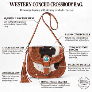 Cowgirl Brown Genuine Leather Crossbody Saddle <b>Bag</b> With Cowhide Flap Turquoise Concho Floral Tooling Shoulder <b>Bag</b> Casual Use - Product Image 3