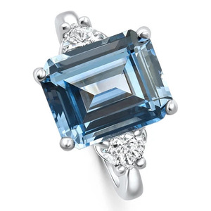 <b>Emerald</b> Cut Blue Gemstone Three Stone <b>Ring</b> with Trillion Side Stones 10K 14K 18K Gold 925 935 <b>Silver</b> - Product Image 3