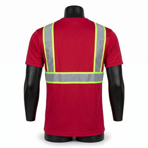 Premium Polyester Knit <b>Red</b> Work T <b>Shirt</b> 180 GSM With Silver Reflective Safety Bands Fluorescent Trim Custom Logo Option Wear Cop - Product Image 2