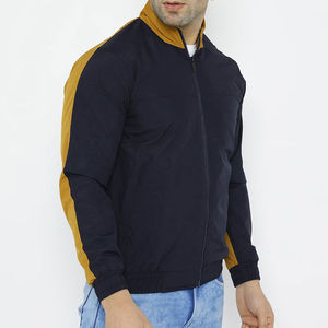 Blouson bomber homme bleu marine et jaune moutarde, coupe légère, décontracté, avec col montant et poignets élastiques - Product Image 3