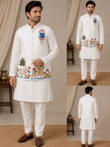White <b>Men's</b> <b>Kurta</b> Set With Hand Drawn Elephant Embroidery Traditional Indian Wedding Wear Cotton Regular Fit - Product Image 5