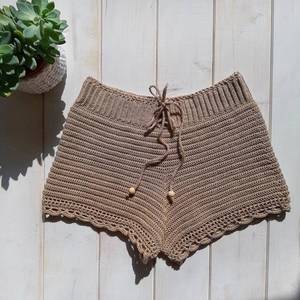 Women's High Waist Knitted Shorts Skirt Solid Color Bohemian Style <b>Drawstring</b> Closure Breathable Cotton Fabric Regular Fit - Product Image 1