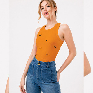 Wholesale Women Pumpkin Orange Bat Print Ribbed Tank <b>Top</b> Sleeveless Casual Vest Washed Summer Boutique Women's Shirts Supplier - Product Image 6