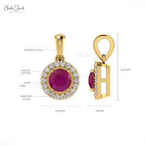 Pendentif halo en rubis taille brillant 4 mm serti à griffes, en or massif 14 carats avec accent de diamant, fournisseur en gros - Product Image 4