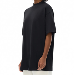 Men's Black Oversized High <b>Collar</b> <b>T</b>-<b>Shirt</b> Short Sleeve Solid Color Knitted Cotton Minimalist Style - Product Image 3