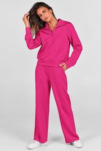 Unisex <b>Pink</b> Quarter Zip <b>Sweatshirt</b> Set Regular Sleeve Knitted Solid Color Loose Fit Casual Autumn Wear With Pocket - Product Image 3