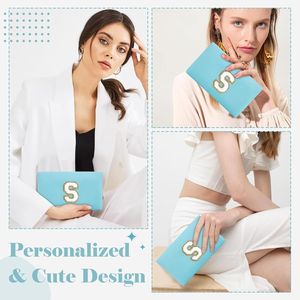 Borsa per il Trucco Personalizzata Blu con Cerniera, Graziosa Pochette da Viaggio in PU Chenille con Iniziale A-Z, Astuccio Cosmetico con Patch Iniziale - Product Image 4