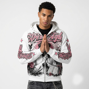 Sweat-shirt à capuche zippé blanc personnalisé pour homme, imprimé graphique rose, streetwear, mode décontractée, manches longues, unisexe. - Product Image 4