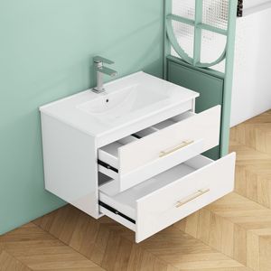 30-Inch White Gloss Wall-Mounted <b>Bathroom</b> <b>Vanity</b> with Double Drawers Ceramic Sink Long Metal Handle Easy Installation - Product Image 6
