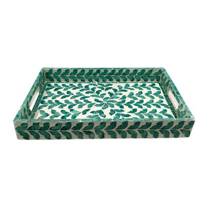 Plateau de service rectangulaire de luxe en nacre verte incrustée de fleurs, idéal pour la décoration élégante de la maison et les cadeaux (vente en gros) - Product Image 1