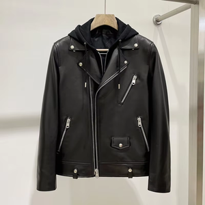 Veste en cuir véritable coupe ajustée style urbain avec capuche amovible, fermeture éclair frontale, manteau court d'hiver - Product Image 4