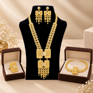Traditional Gold Tone Trendy Statement Necklace <b>Set</b> Matching Drop <b>Earrings</b> Intricate Ethnic Wedding Party Bridal Jewelry for - Product Image 1