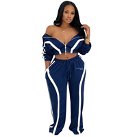 Ensembles pour femmes, mode européenne et américaine, ensemble deux pièces pour femmes, nouveau produit - Ensemble à col zippé avec empiècements rayés et couleurs contrastées