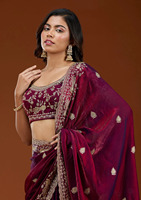 Sari en tissu chiffon épais écologique, broderie quatre saisons, travail Zari, motif fantaisie, bordure ajourée