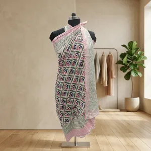 Pink Green Floral Hand Block Printed Cotton <b>Sarong</b> Scarf with Geometric Border Lightweight Beach Wrap Stole for Women - Product Image 5
