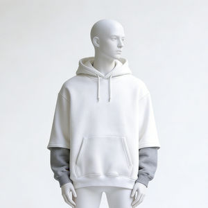Sweat à capuche oversize blanc pour homme 0EM, manches superposées, poche contrastante, en polaire, épaules tombantes, style streetwear décontracté - Product Image 3