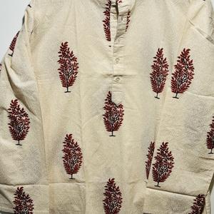 Kurta Corta de Manga Larga para Hombre, 100% Algodón Beige, Calidad Premium |   Estampado Floral Hecho a Mano, Estilo Tradicional, Transpirable - Product Image 4
