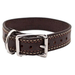 Collier de chien en cuir de selle d'une seule pièce sur mesure avec double couture et quincaillerie en métal nickelé robuste - Product Image 1