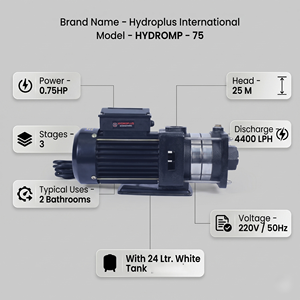 Hydroplus International 0.75HP Pressure Booster <b>Pump</b> Set With 24L Tank Denfoss Switch Pressure Gauge For 2 Bathroom Supply - Product Image 2