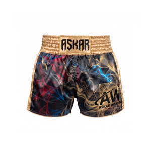 กางเกงชกมวย Askar สีเขียวทอง ขอบเอวพิมพ์ลายสกรีน ทรงหลวม ใส่ได้ทั้งชายและหญิง ผลิตจากโพลีเอสเตอร์ 100% น้ำหนักเบา เหมาะสำหรับศิลปะการต่อสู้ - Product Image 1