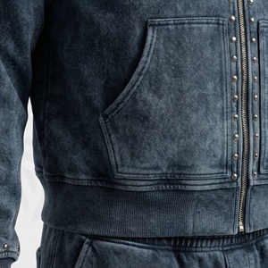 Custom <b>Distressed</b> Zip Up Customized Color Flared Sweatpants Hoodie Sets Men Streetwear Rhinestone Tracksuit Acid Wash - Product Image 5