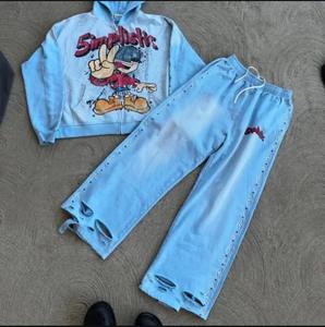 Heavyweight 100% Cotton <b>Men</b>’s Hoodie Set Acid Wash Custom Pullover Distressed Sweatshirt and Sweatpants - Product Image 6