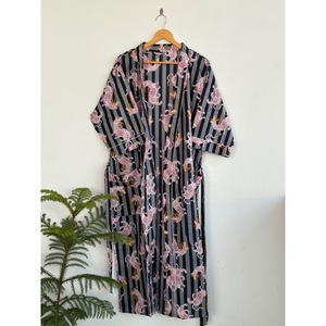 Printed <b>Animal</b> <b>Pattern</b> Breathable V-neck Belt Kimono Robe Maxi Length Loose Fit Long Sleeve 100% Cotton 300g <b>Knitted</b> Cover-Up - Product Image 2