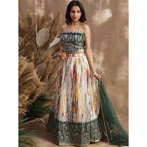 Awesome White & Green Sequins Chinon Events Wear <b>Lehenga</b> Choli - Product Image 1